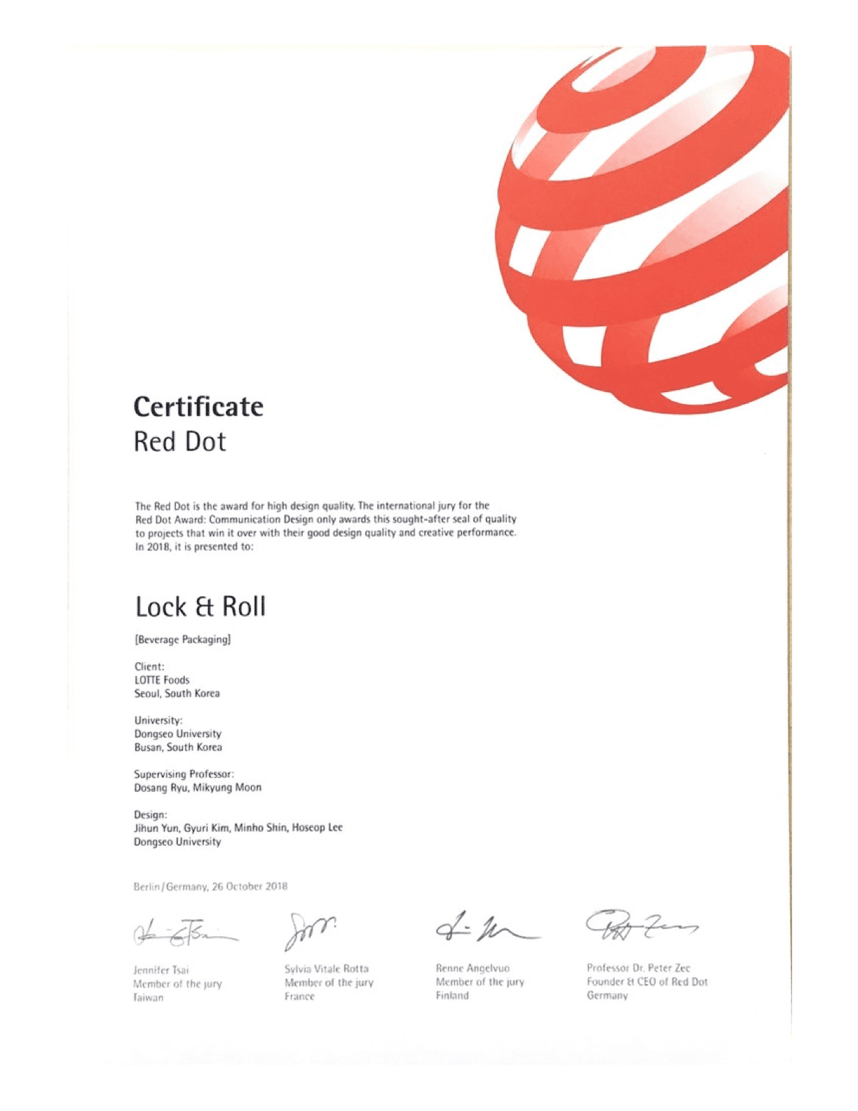 Red Dot Design Award Certificate